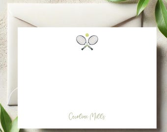 Personalized Tennis Racket & Tennis Ball Stationery, Flat Note Card and Envelope Set, Choose Name or no Name, Return Addressing Option