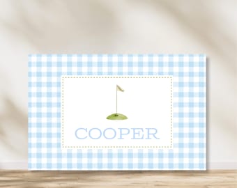 Personalized Boy Gingham Watercolor Golf Hole Laminated Placemat - 11"x17" | Double Sided with Traceable Name & Alphabet | Coloring Option