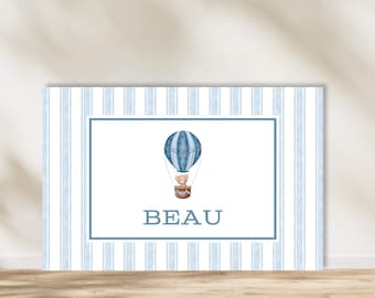 Personalized Watercolor Hot Air Balloon Laminated Placemat - 11"x17" | Double Sided with Traceable Name & Alphabet | Coloring Option