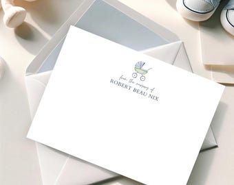 Personalized Baby Boy Stationery, "From the Nursery of" Bassinet, Bear, Duck, Flat Note Card & White Envelope Set, Return Addressing Option