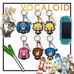 May include: A set of eight colorful beaded keychains featuring Vocaloid characters. Each keychain has a different character with their name spelled out in beads. The keychains are displayed on a white background with a green leek and a blue and green handheld gaming device.