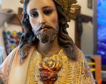 王であるイエス 坐像 69cm サクレクール グラスアイ 宗教彫刻/H513 王であるイエス 坐像 69cm サクレクール グラスアイ 宗教彫刻/H513 王