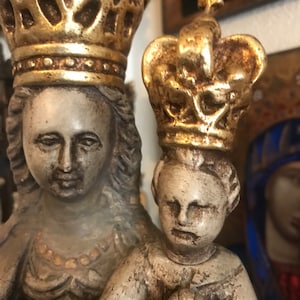 Mary with child Jesus Christ, Madonna, antique religious statue sculpture Holy Mother, devotional art gift, religion decor.