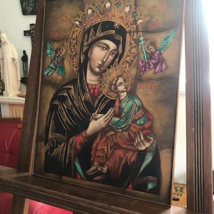 Beautiful large opaline stained glass icon, Our Lady with baby Jesus, Byzantine, always help, 43 x 32 cm, 17 x 13 inch, new condition,