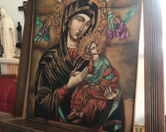 Wunderschöne große Opalglas-Ikone, Unsere Liebe Frau mit dem Jesuskind, byzantinisch, immer helfen, 43 x 32 cm, 17 x 13 Zoll, neuwertiger Zustand,