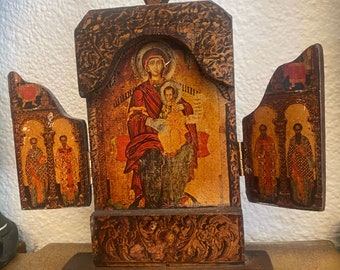 Wunderschönes antikes Triptychon, Maria mit Jesuskind, 16,8 cm hoch