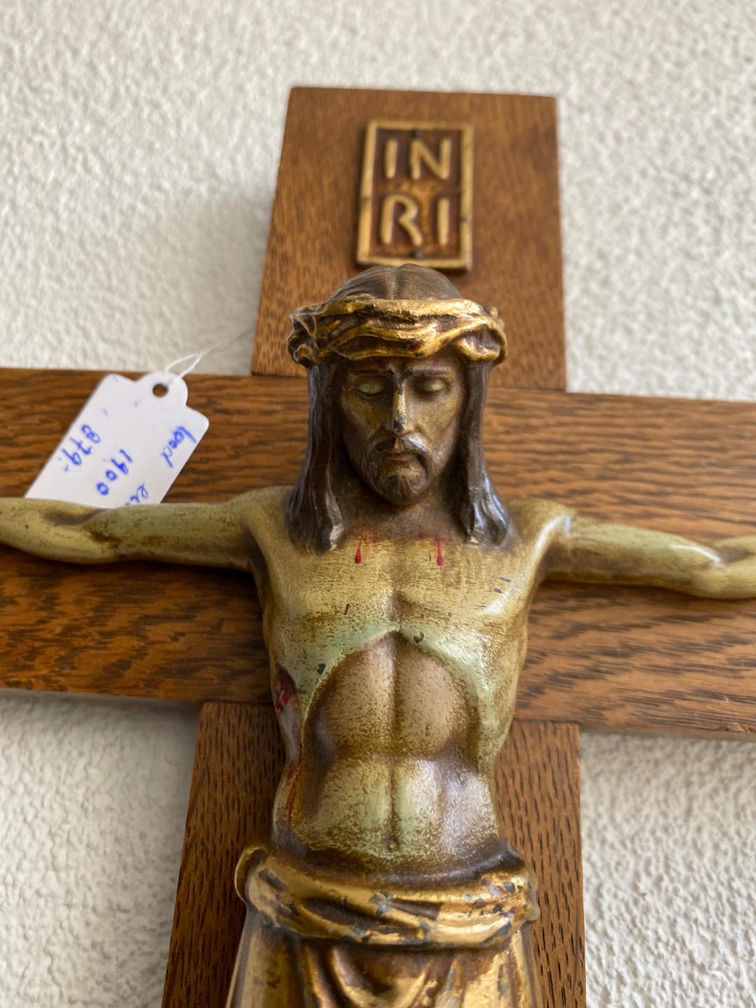 Beautiful Old Crucifix, Jesus Inri, Lead, Tin on Oak. Corpus Hollow ...