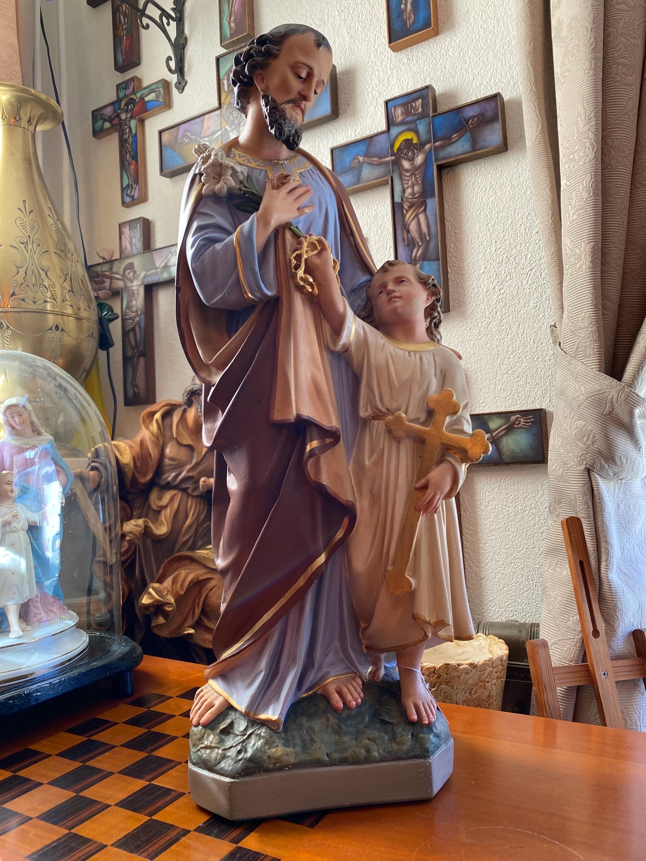 Large Old Sculpture of Joseph With Baby Jesus and Lily Flower. 60