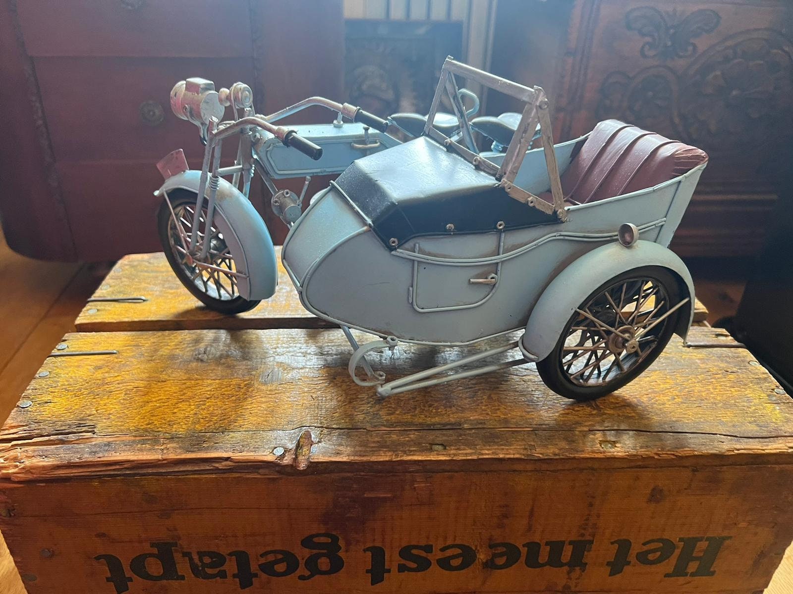 Réplique Moto Side-car Vintage - Métal Bleu 19 Cm - Neuve