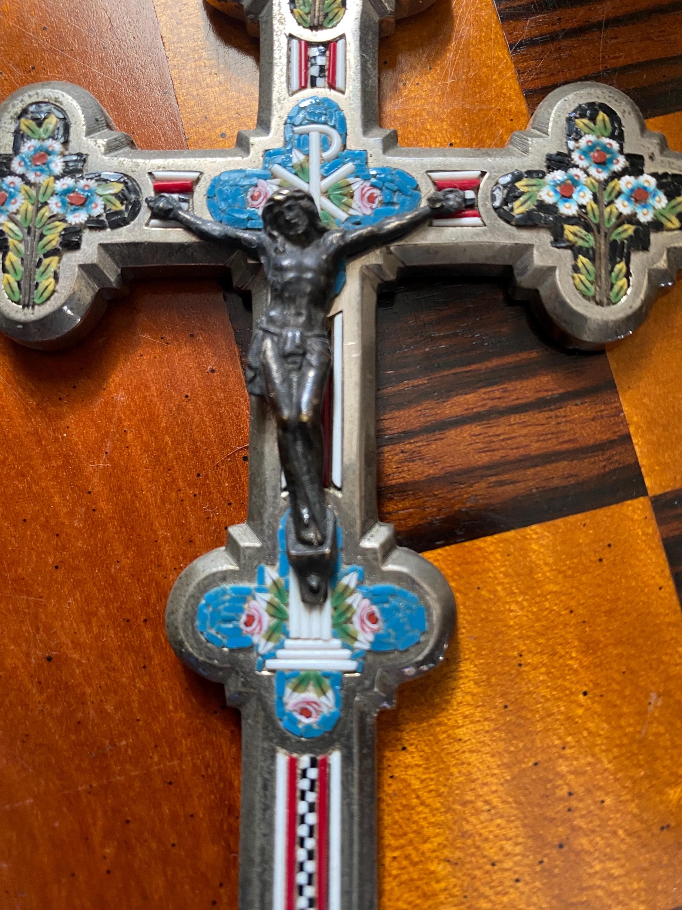 Bronze Glass Mosaic, Antique 1910, Crucifix Jesus Inri Silver