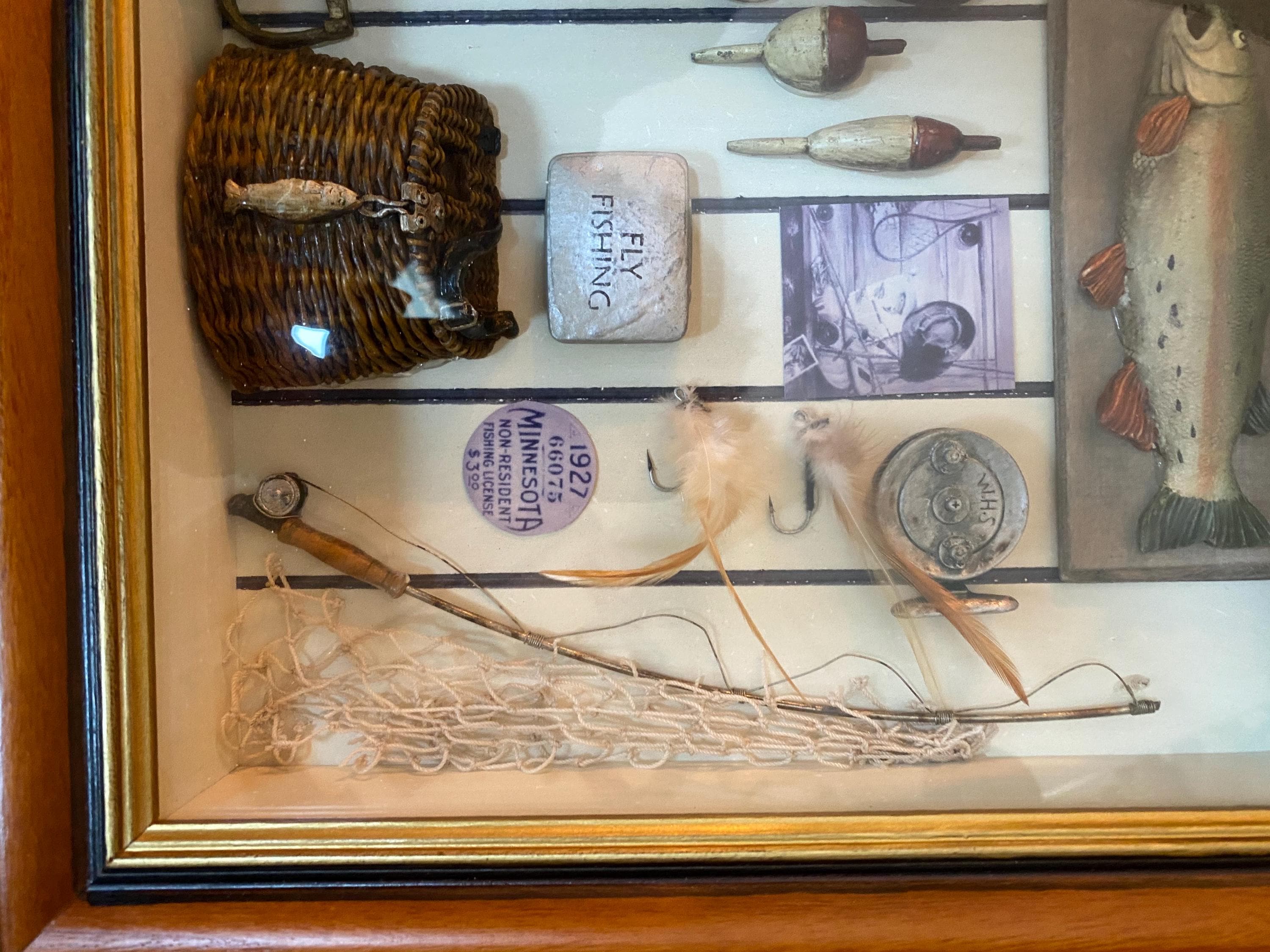 antique fly fishing accessories Vintage Fly Fishing Set in a Box. With Many Fishing Accessories. Very Old,  1927. Fly Fishing Shadow Box. Heavy, Old Glass. Beautiful Frame. 34 Cm X 28  Cm