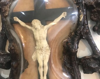 非常に古い壁掛け、1750 年、凸面ガラスの後ろの十字架上のイエス・インリ、十字架、十字架、