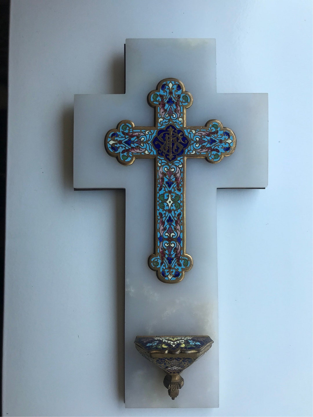 Large Alabaster, Marble Bronze Cross With Holy Water Font, 1850, Large ...