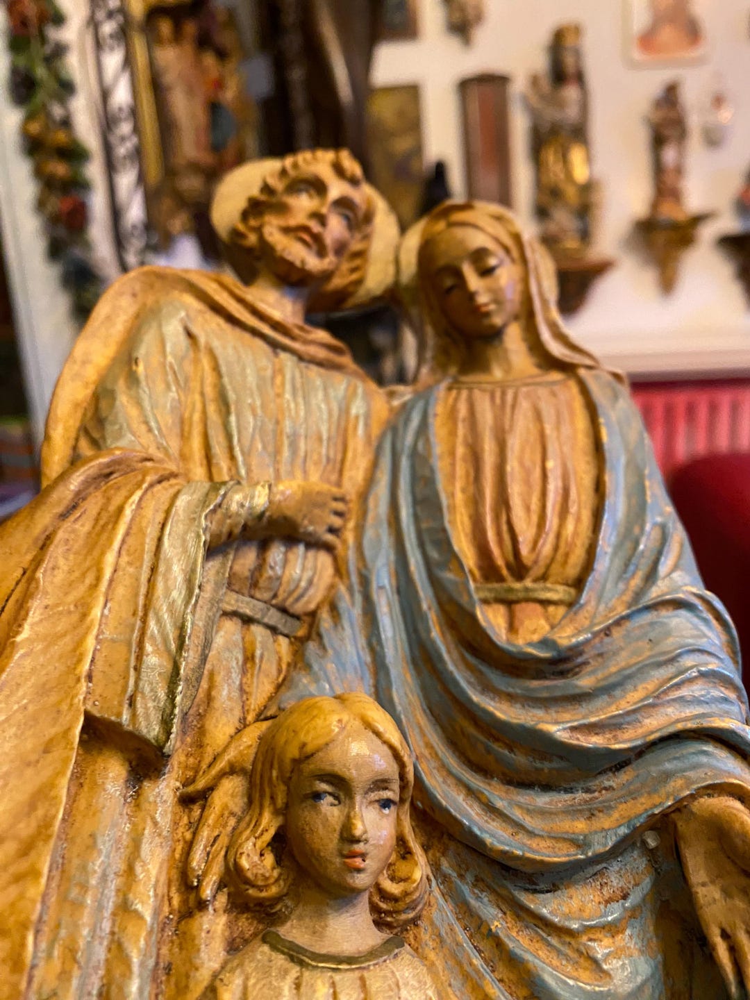 Mary With Baby Jesus and Joseph. Wood Carving Look, Religious Statue ...