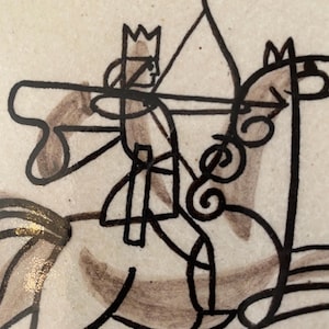 Precioso azulejo antiguo con imagen de San Jorge. Jorge y el dragón. ¿Picasso? Dalí? Desconocido. Realizado alrededor de 1925-1950. Año. 13 cm x 13 cm