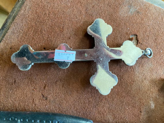 Bronze Glass Mosaic, Antique 1910, Crucifix Jesus Inri Silver