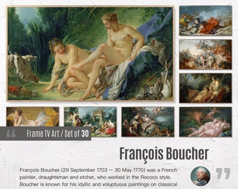 May include: A set of 10 framed art prints featuring paintings by French artist François Boucher. The prints depict scenes of classical themes, decorative allegories, and pastoral scenes. The prints are in a traditional frame with a gold finish.