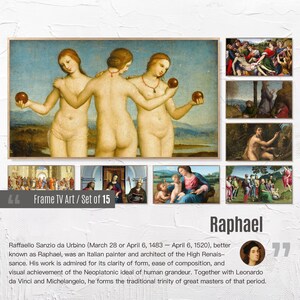 Puede incluir: Un conjunto de 15 estampas enmarcadas que presentan las obras de Rafael, pintor y arquitecto italiano del Alto Renacimiento. Las estampas incluyen obras famosas como "La Escuela de Atenas" y "La Transfiguración".