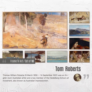 May include: A set of 10 framed art prints featuring the work of Australian artist Tom Roberts. The prints depict various landscapes and scenes, including a man on horseback, a group of people working, and a woman with a book. The text "Frame TV Art / Set of 10" is visible in the lower left corner of the image.