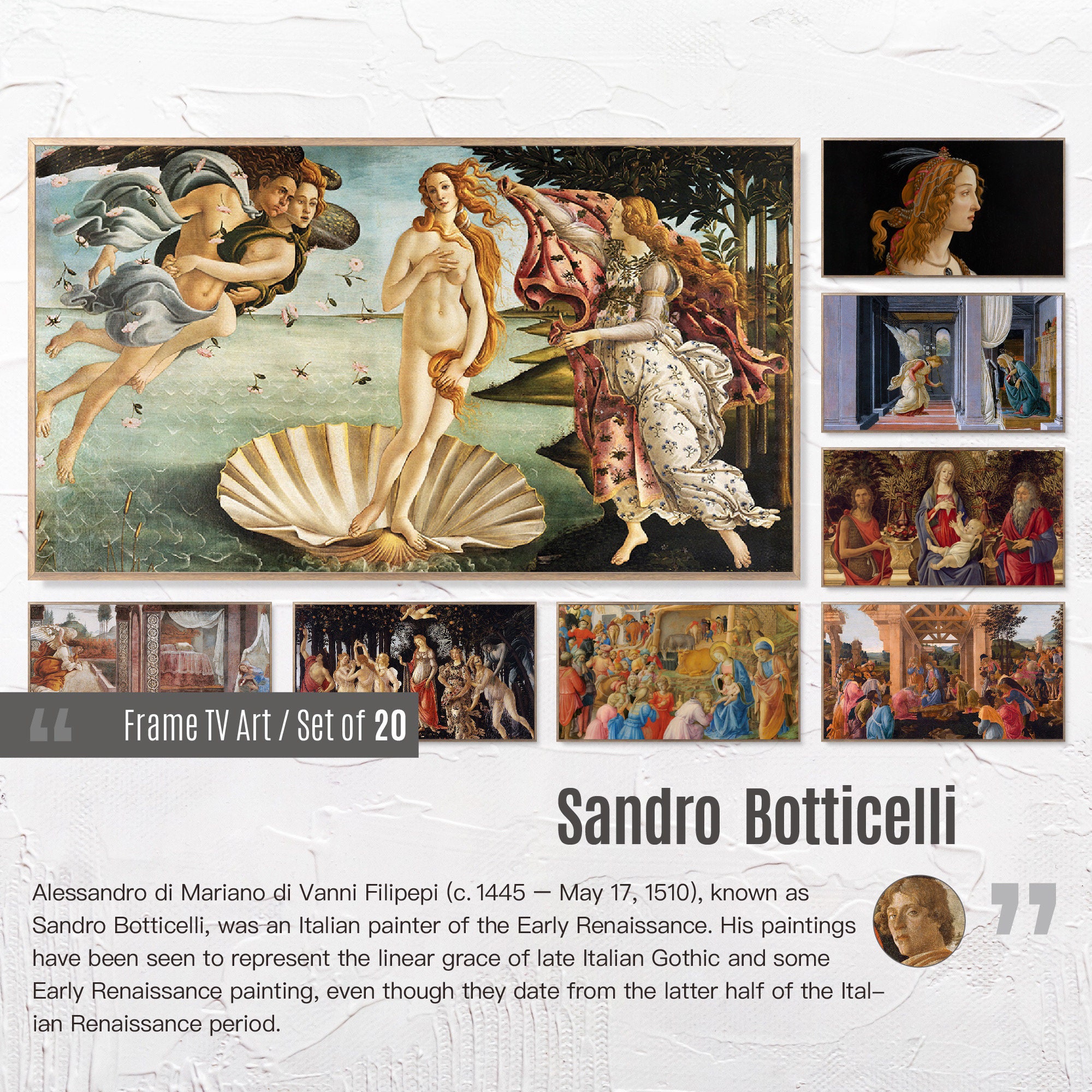 Set of 20 Samsung Frame TV 4K Art. Sandro Botticelli Famous