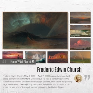 May include: A set of 70 framed TV art pieces showcasing landscape paintings by Frederic Edwin Church. The central artwork displays an aurora borealis over a coastal scene. Other paintings depict mountains, waterfalls, and sunsets. Text reads "Frame TV Art / Set of 70".