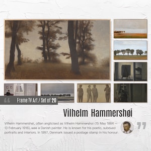 May include: A set of 20 framed art prints featuring the work of Danish painter Vilhelm Hammershøi. The prints showcase his signature style of muted colors and atmospheric landscapes, with scenes of trees, figures, and interiors.