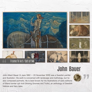 Pode incluir: Um conjunto de 14 estampas emolduradas com ilustrações de John Bauer. As estampas representam cenas do folclore e contos de fadas suecos, incluindo um cavaleiro a cavalo, um urso e um troll. O texto "Frame TV Art / Set of 14" é visível no canto inferior esquerdo da imagem.