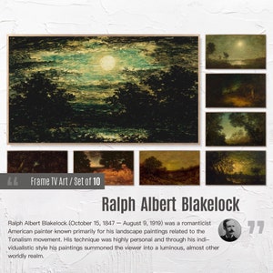 May include: A set of 10 framed landscape paintings by Ralph Albert Blakelock. The paintings feature a variety of scenes, including forests, rivers, and mountains. The paintings are all in a similar style, with a focus on light and shadow. The paintings are all in a muted color palette, with shades of green, brown, and blue. The paintings are all in a rectangular format, with a simple wooden frame.