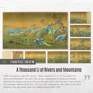 Puede incluir: Un Thousand Li of Rivers and Mountains, una pintura tradicional china de tinta y color sobre rollo de seda. La pintura representa un paisaje con montañas, ríos y árboles. La pintura mide 51,5 cm por 1 191,5 cm.