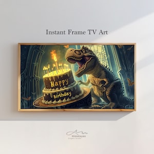 May include: A framed illustration of a green dinosaur with a toothy grin, standing next to a two-tiered chocolate cake with lit candles. The cake is decorated with white frosting and the words "Happy Birthday".