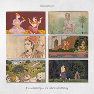 Puede incluir: Seis pinturas enmarcadas que representan escenas de la mitolog&iacute;a y el folclore indios. Las pinturas est&aacute;n realizadas en un estilo tradicional con colores vibrantes y detalles intrincados. Las pinturas est&aacute;n sobre un fondo blanco.