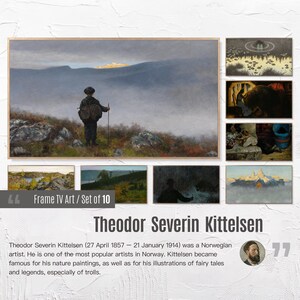 Puede incluir: Un conjunto de 10 estampas enmarcadas que presentan la obra de Theodor Severin Kittelsen, un artista noruego conocido por sus pinturas de naturaleza e ilustraciones de cuentos de hadas y leyendas. Las estampas representan diversas escenas del folclore noruego, incluyendo trolls, montañas y bosques.