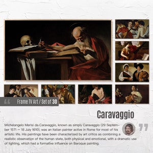 May include: A set of 10 framed art prints featuring paintings by the Italian Baroque artist Caravaggio. The prints include a portrait of Saint Matthew, a scene of musicians, and a still life with fruit. The prints are all in a similar style, with a dark background and a focus on realism.