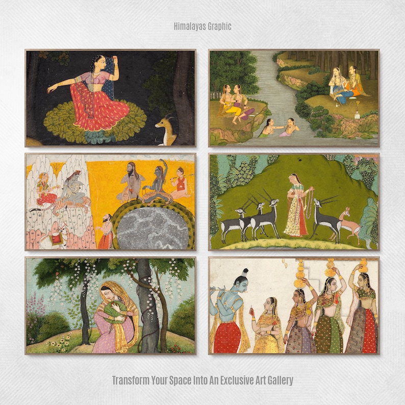 Puede incluir: Un conjunto de seis estampados enmarcados que representan escenas de la mitolog&iacute;a y el folclore indios. Los estampados presentan colores vibrantes y detalles intrincados, mostrando estilos de arte tradicionales indios. Los estampados est&aacute;n enmarcados en un estilo simple y elegante, lo que los hace adecuados para una variedad de estilos de decoraci&oacute;n del hogar.