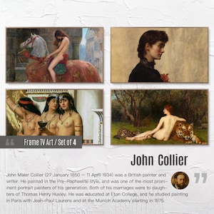 Pode incluir: Um conjunto de quatro pinturas emolduradas de John Collier. As pinturas retratam várias cenas com mulheres e animais, incluindo uma mulher a montar a cavalo, três mulheres a segurar um cálice, uma mulher sentada com um tigre e um retrato de uma mulher.