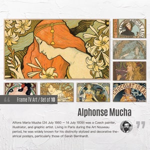 May include: A collection of ten framed art prints showcasing Art Nouveau illustrations by Alphonse Mucha. The artwork includes a portrait of a woman with flowing red hair and floral elements, alongside other decorative posters.