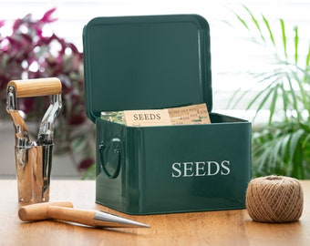 Seed Packet Tin Plus x10 Envelopes & Monthly Divider Cards. Metal Garden Seed Storage Box Organiser for Gardeners. Powder Coated Steel Green