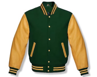 GRÜN & GELB Varsity Baseball Jacke Wolle Körper und Leder Ärmeln