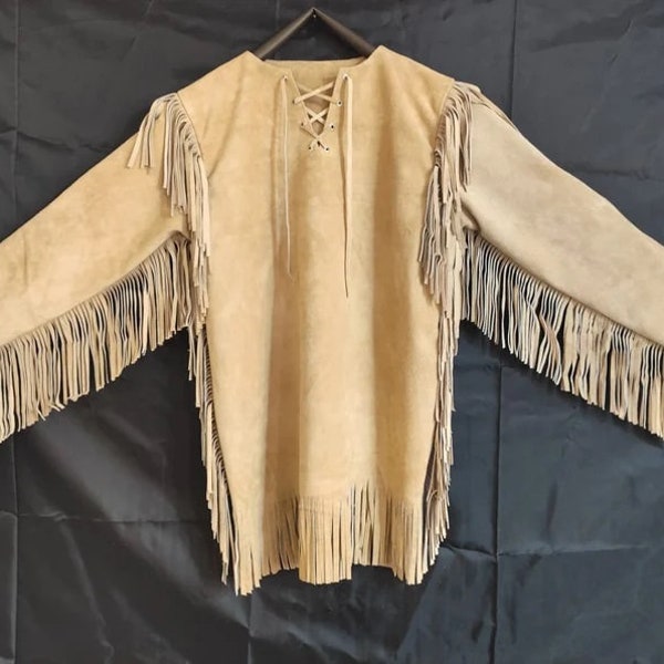 Chemise de guerre amérindienne faite main pour homme en cuir suédé et daim des montagnes