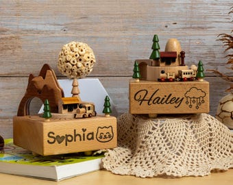Musical Wooden Keepsake, Engraved Name Music Box, Personalized Wooden Music Box, Wooden Train, Baby Shower Gift, Newborn Gift