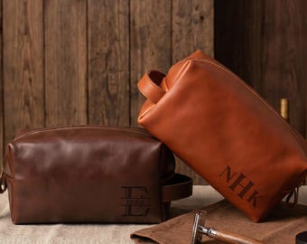 Personalized Leather Toiletry Bag, Laser Engraved Dopp Kit for Him