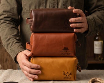 Personalized Leather Toiletry Bag, Laser Engraved Dopp Kit, Groomsmen Travel Case