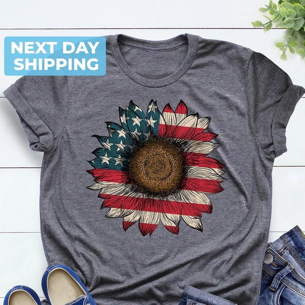 America Sunflower Shirt, 4th Of July Flag Graphic T-Shirt, USA Flag Flower Shirt, Freedom TShirt, Independence Shirt, Gift For American Tee