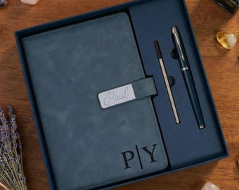 Personalized Leather Journal and Pen Set, Custom Engraved Notebook Gift