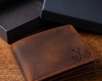 Personalized Crazy Horse Leather Wallet, Engraved Custom Monogrammed Bifold RFID Blocking Gift