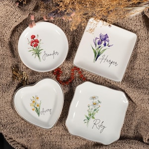 Personalized Birth Flower Trinket Dish, Custom Watercolor Flower Ring Dish, Wedding Bridesmaid Gift, Birthday Jewelry Dish, Christmas Gifts