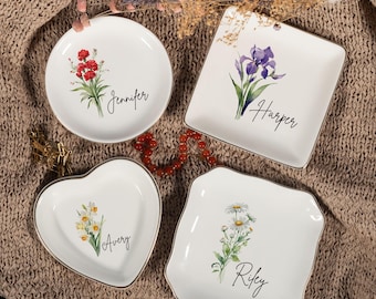 Personalized Birth Flower Trinket Dish, Custom Watercolor Flower Ring Dish, Wedding Bridesmaid Gift, Birthday Jewelry Dish,Mothers Day Gifts