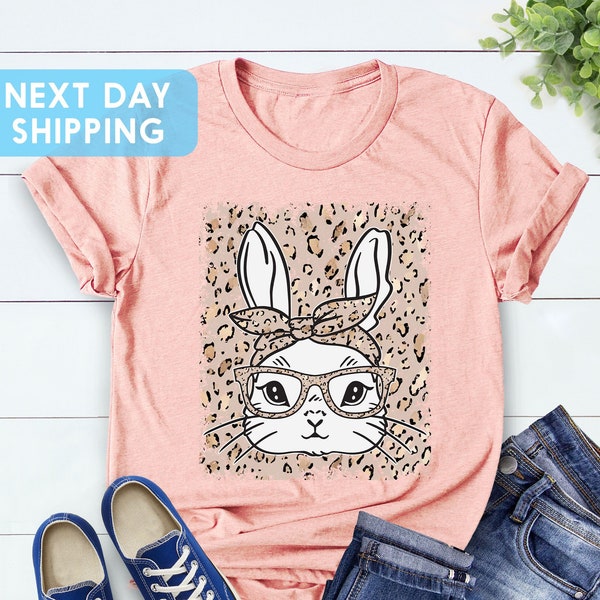 Bunny with Leopard Glasses Shirt, Easter Bunny Graphic Tee, Leopard Bunny Shirt, Easter Shirt, Cute Easter Bunny T-Shirt, Ladies Easter