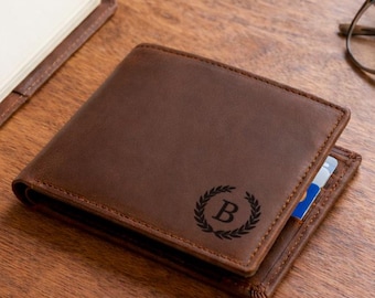Personalized Leather Mens Wallet, Custom Engraved Handwriting, Crazy Horse Leather RFID Blocking