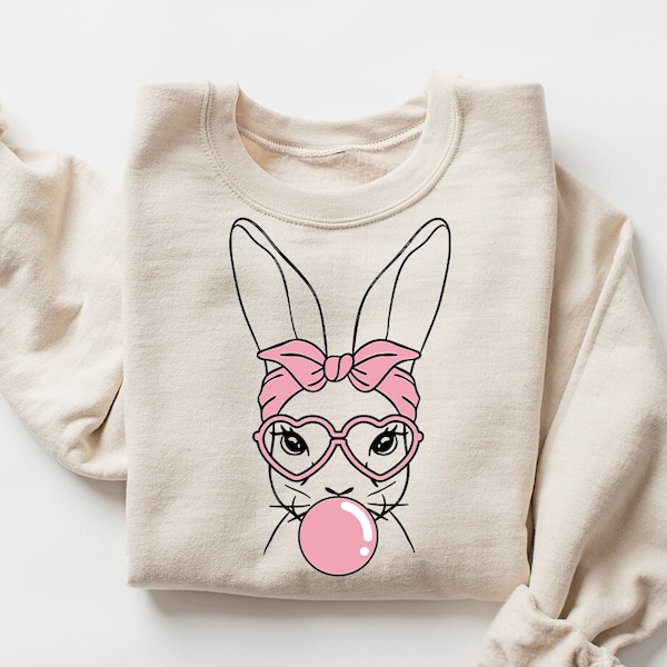 Bunny with Glasses Sweatshirt, Easter Sweatshirt, Easter Bunny Graphic Tee, Bubble Gum Bunny Tee, Ladies Easter Bunny Tee, Easter Gift